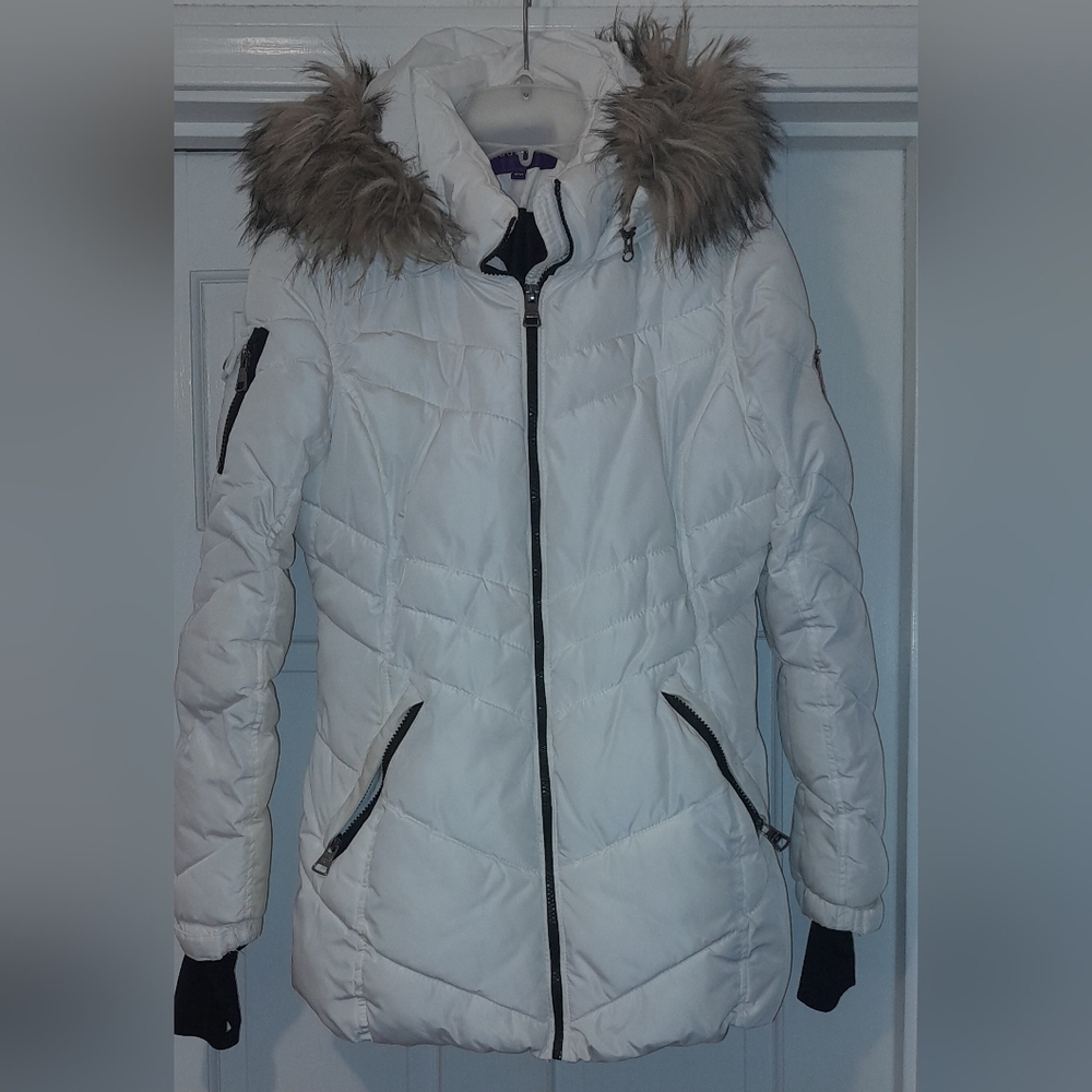 Madden Girl Hooded White Puffer Coat Jacket Parka Faux Fur Trim Hood Sz M Medium - Picture 11 of 16
